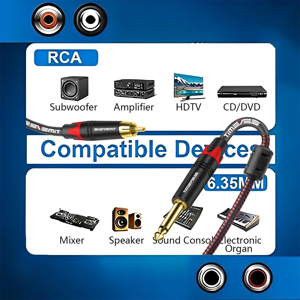 Pack 2 RCA To 1/4 Inch Cable 2 RCA To 2 6.35mm TS Male To Male Stereo Audio for Tablet Amplifier Smartphone Music Player Speaker