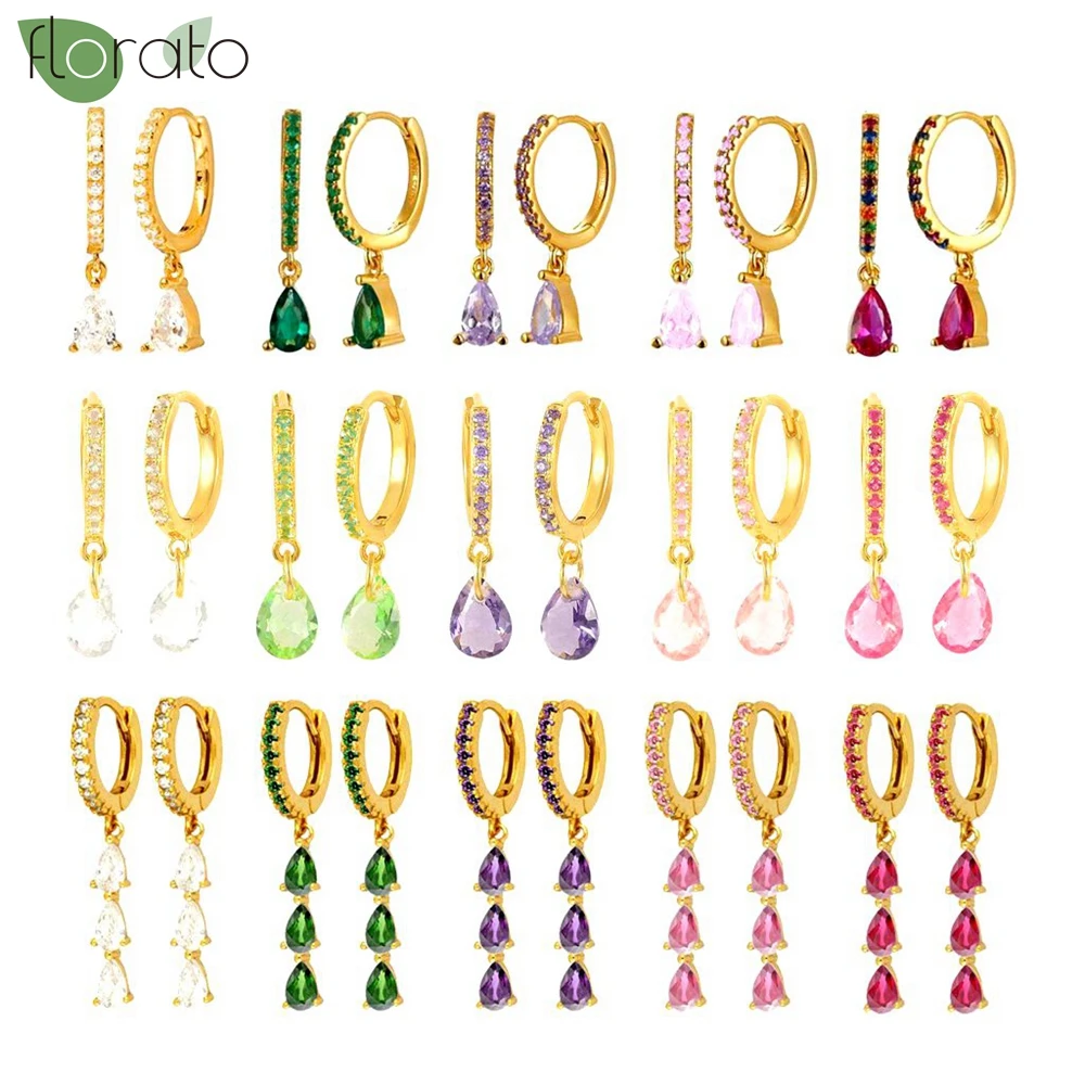 925 Sterling Silver Needle Multicolor Zircon Water Drop Pendant Earrings Fashion Small Hoop Earrings for Women Luxury Jewelry