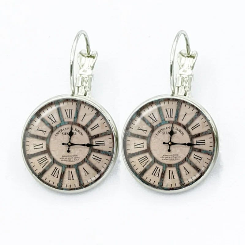 Round Retro Clock Pocket Watch Pattern Glass Cabochon French Hook Earrings Drop Earrings Jewelry Accessories Gifts
