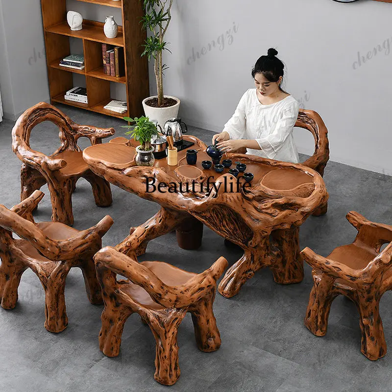 Imitation root carving tea table and chair combination office Laojunyan integrated tea table courtyard kung fu coffee table set