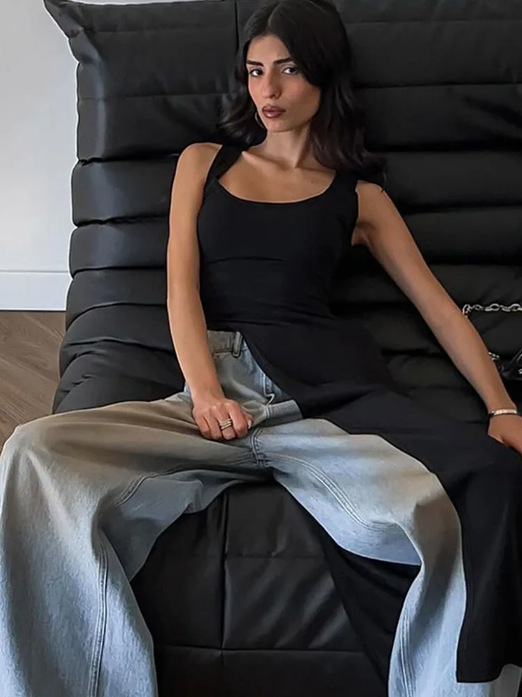 เดรสทรงคอกลมแบบสายเดี่ยวเอวสูงสำหรับผู้หญิง ดีไซน์ทันสมัยและเท่ห์ ใช้งานได้หลากหลาย ด้านเดียวทรงเฉียงไม่สมมาตร