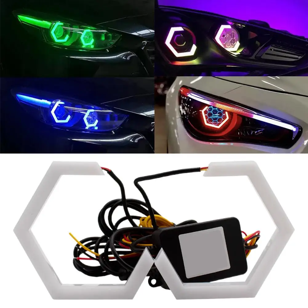 Rgb Hexagon Angel Eyes Halo Rings Retrofit Headlight Drl+amber White Switchback Motorcycle Turn Car Light Signal I3n1