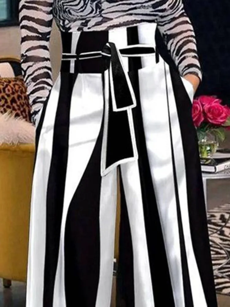 Freeacy Black and White Striped Pants for Women High Waist Lace-up Tied Waist Wide Leg Trousers Urban Female Streetwear Bottoms