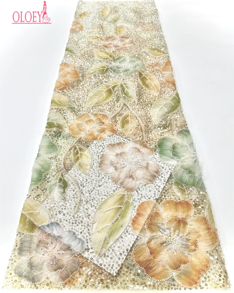 OLOEY   High Quality Lace Embroidery Sequins Net Lace With Beads Latest African Sequins Lace Fabric For Women Wedding Party Dres