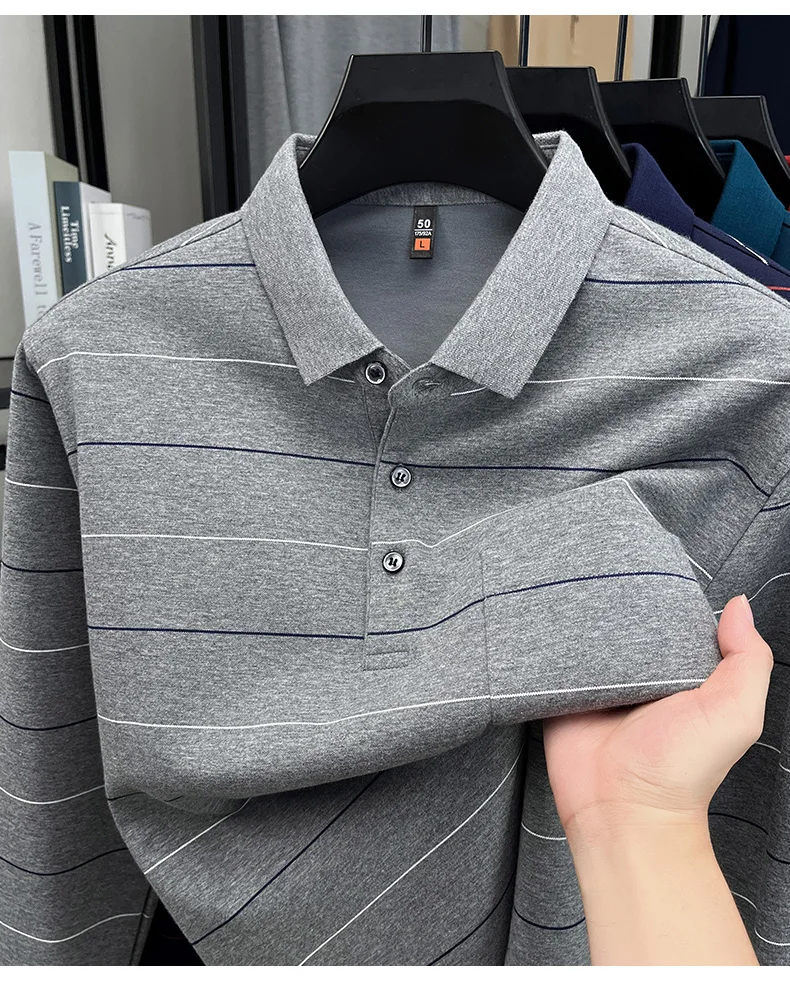 Hochwertiges gestreiftes Langarm-Poloshirt für Herren, neues Komfort-Taschendesign, Frühling/Herbst, luxuriöses Business-Casual-T-Shirt. – Detail 10