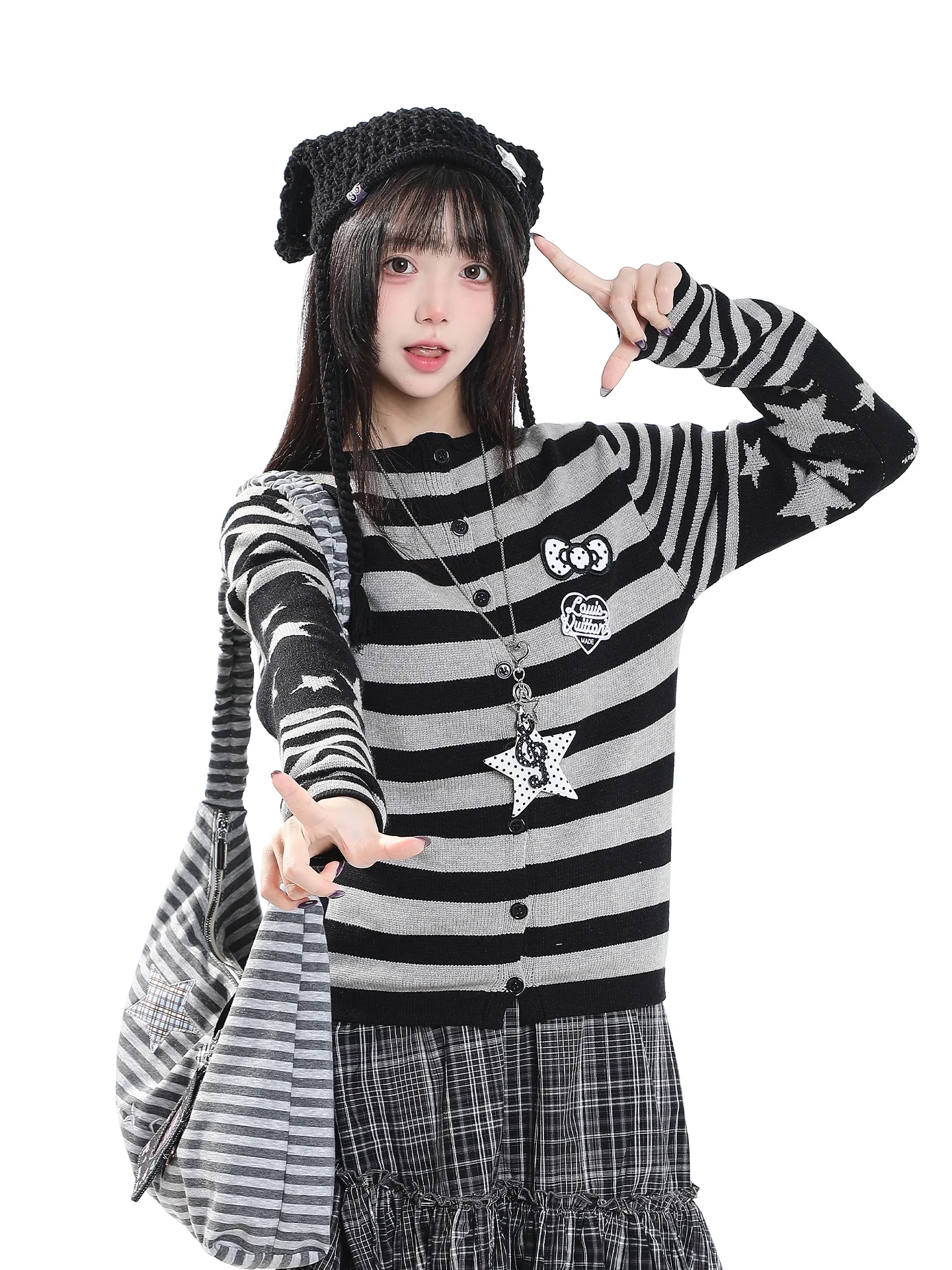 American Retro Color Block Star Striped Open Cardigan Sweater Women's Casual Warmth Reducing Age Knitted Shirt for Autumn