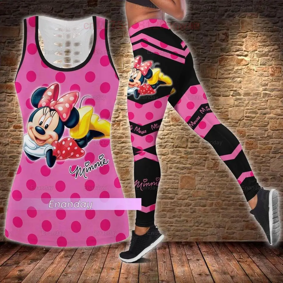 2024 New Minnie Women\'s Hollow Vest Women\'s Leggings Yoga Suit Fitness Leggings Sports Suit Disney Tank Top Legging Set Outfit