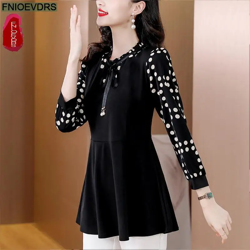 M-5XL 2023 Women Winter Spring Basic Wear Elegant Office Lady Loose Casual Black Ruffles Tunic Peplum Tops And Blouses