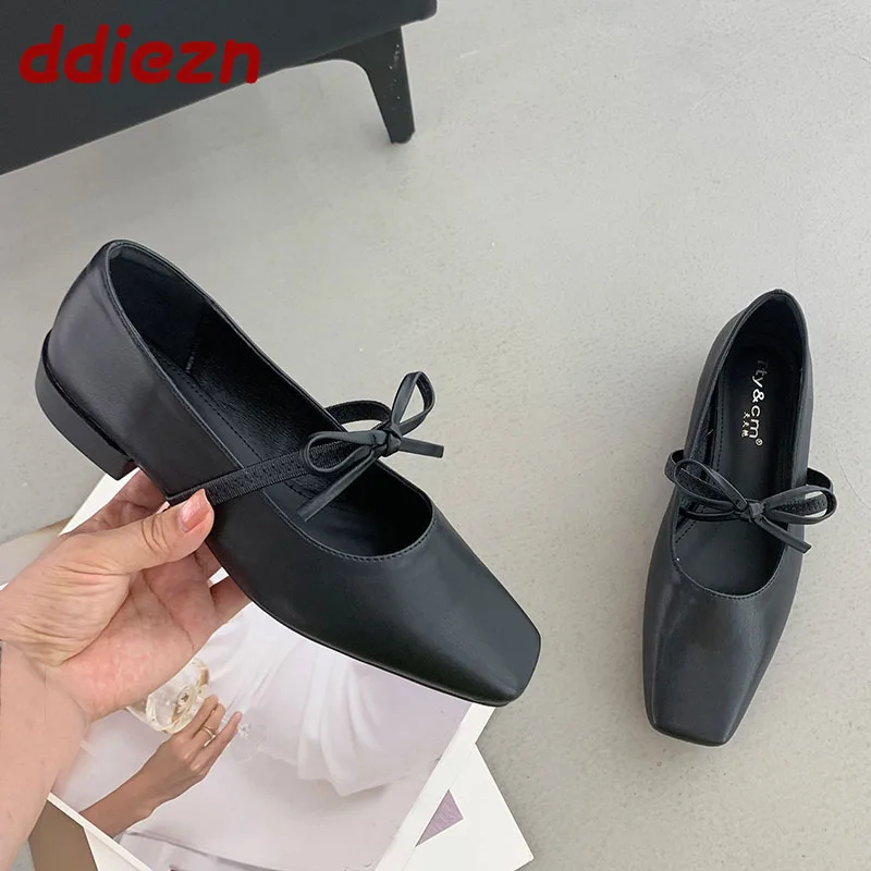 

Модные женские туфли Мэри Джейн на плоской подошве, весна-лето, женская обувь с квадратным носком и узлом-бабочкой, женская обувь на плоской подошве с обувью