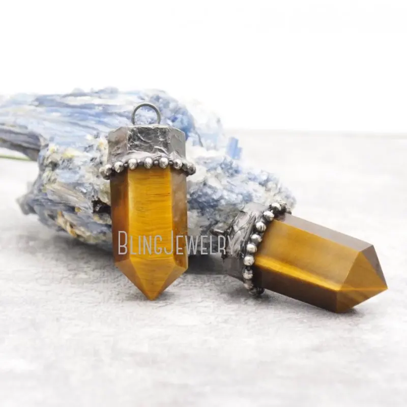 PM42012 Tigers Eye Crystal Point Necklace Pendany  Tower Talisman Witch Goth Boho Beach Desert Festival Pendulum Pendant