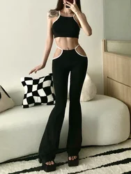 Pants WOMENGAGA Spice Girls Set New Summer Women Sleeveless Top Tank Vest+fashin Hollow Out Wasit Flare Pants Two Piece Set HGJF