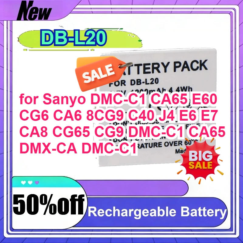 

DB-L20 for Sanyo DMC-C1 CA65 E60 CG6 CA6 8CG9 C40 J4 E6 E7 CA8 CG65 CG9 DMC-C1 CA65 DMX-CA DMC-C1 Lithium Cameras Battery