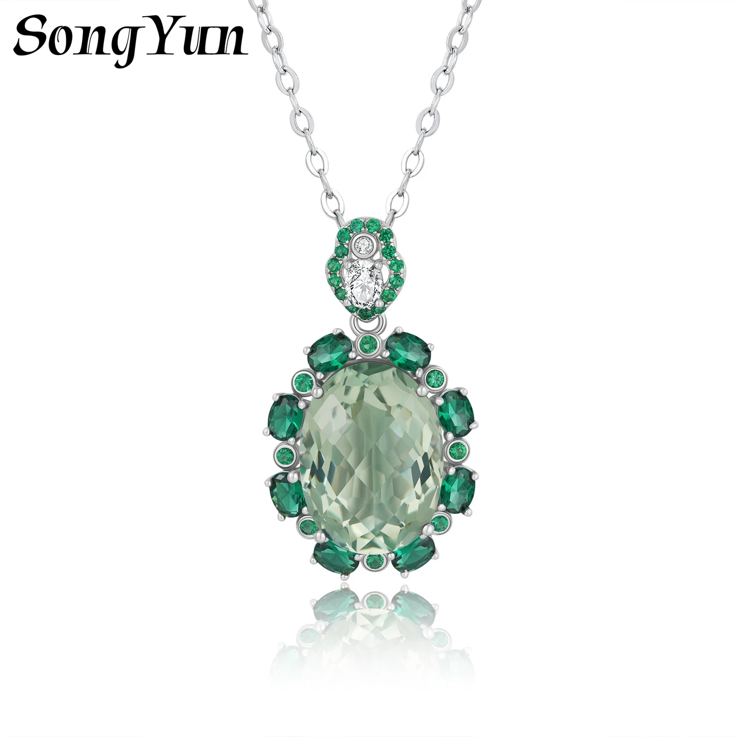 SONGYUN Natural Gemstones Jewelry Large Particle Natural Green Crystal Pendant S925 Sterling Silver Necklace Clavicle Chain