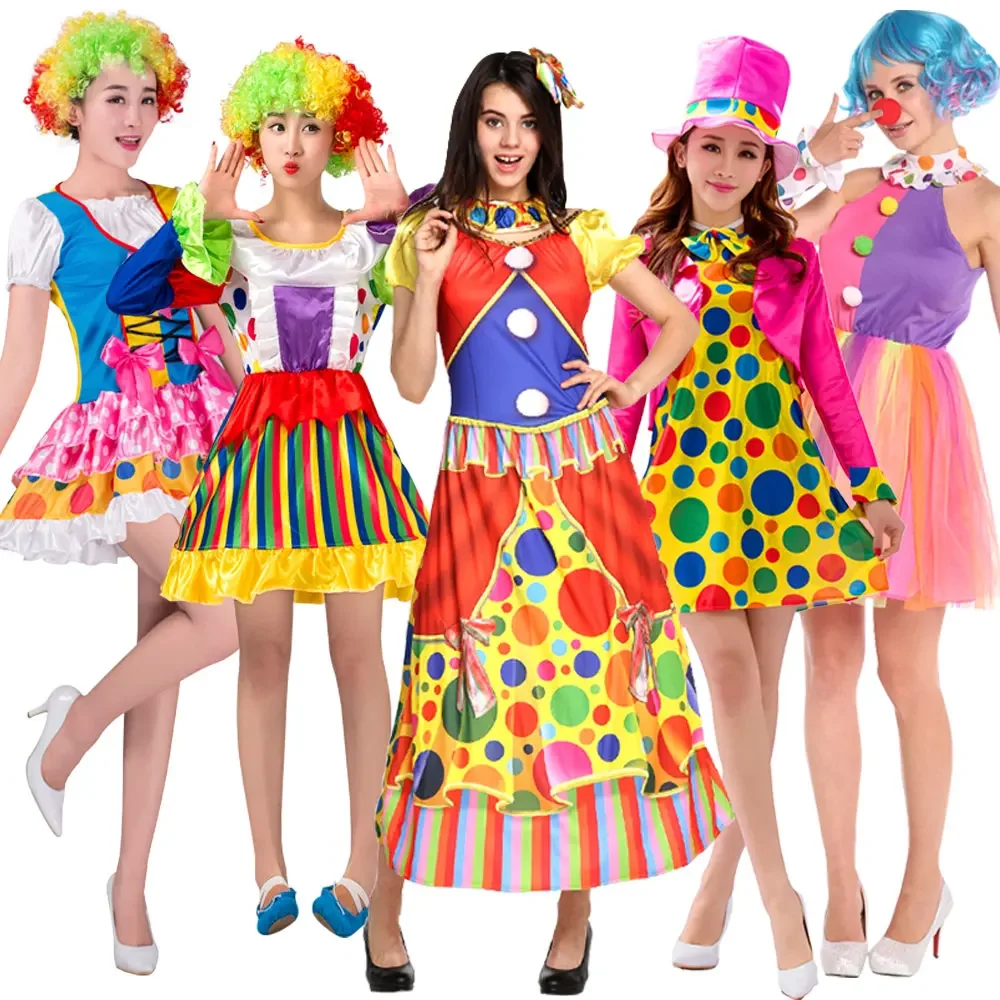 Adult Rainbow Circus Clown Costume for Women Funny Joker Girls Birthday Carnival Party Outfit Sweet Clothes No Wig