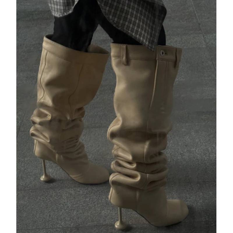 Square Toe Beige Pleated Toy Heel Boots Woman Winter 2026 Slip-On Shaped Heel Knee-High Boots Fashion Luxury Shoes for Women