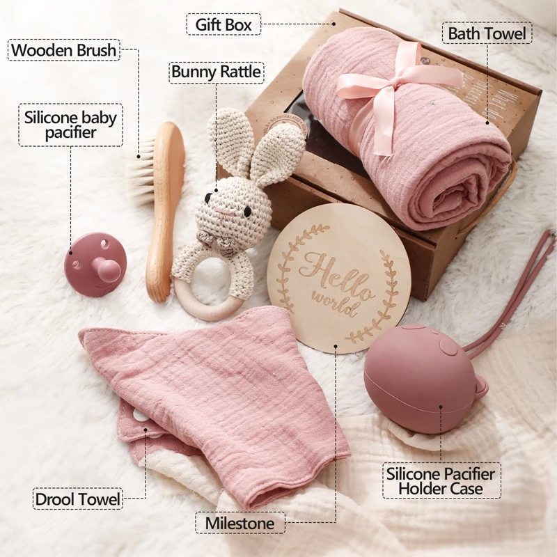 Baby Towel Newborn Bath Toy Set Gift Box  Pacifier + Pacifier Box  Bath Towel  Bracelet  Crochet Toy  Baby Bath Gift Products