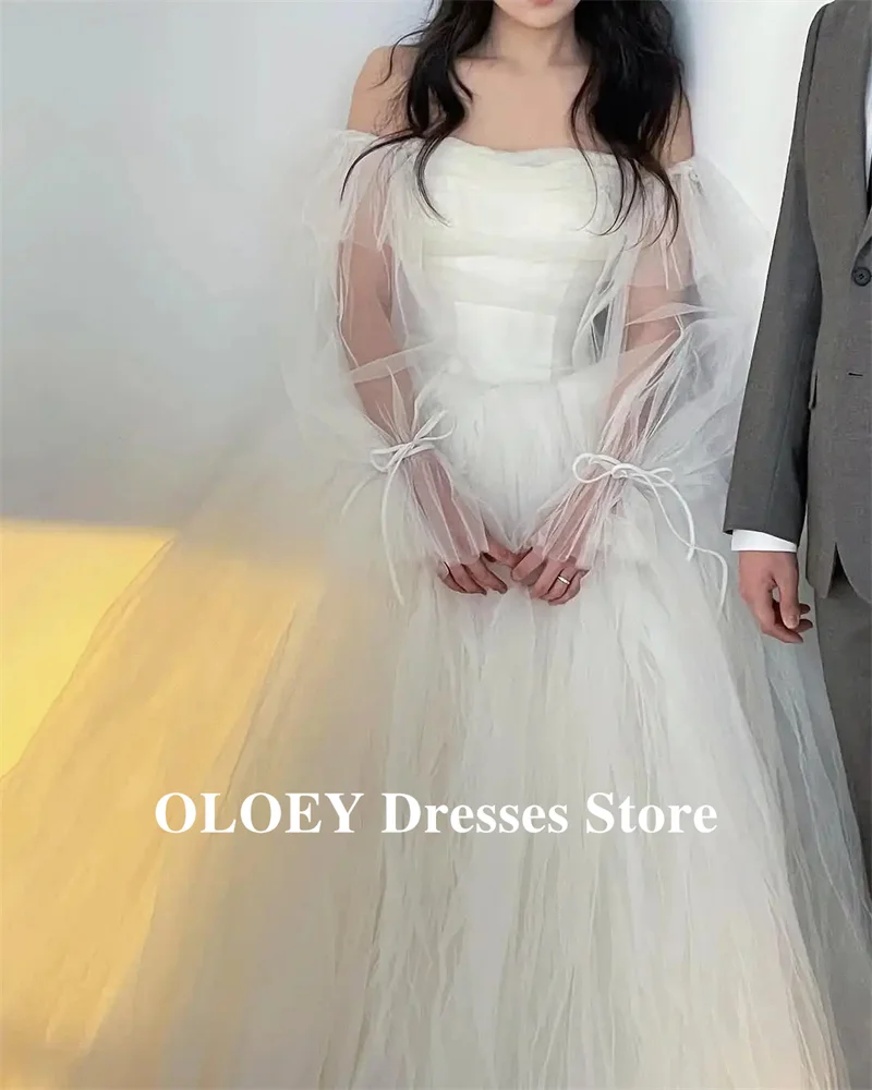 OLOEY Fairy Soft Tulle Korea Wedding Dresses Off Shoulder Puff Long Sleeves Bride Gowns Country Princess Customized Corset