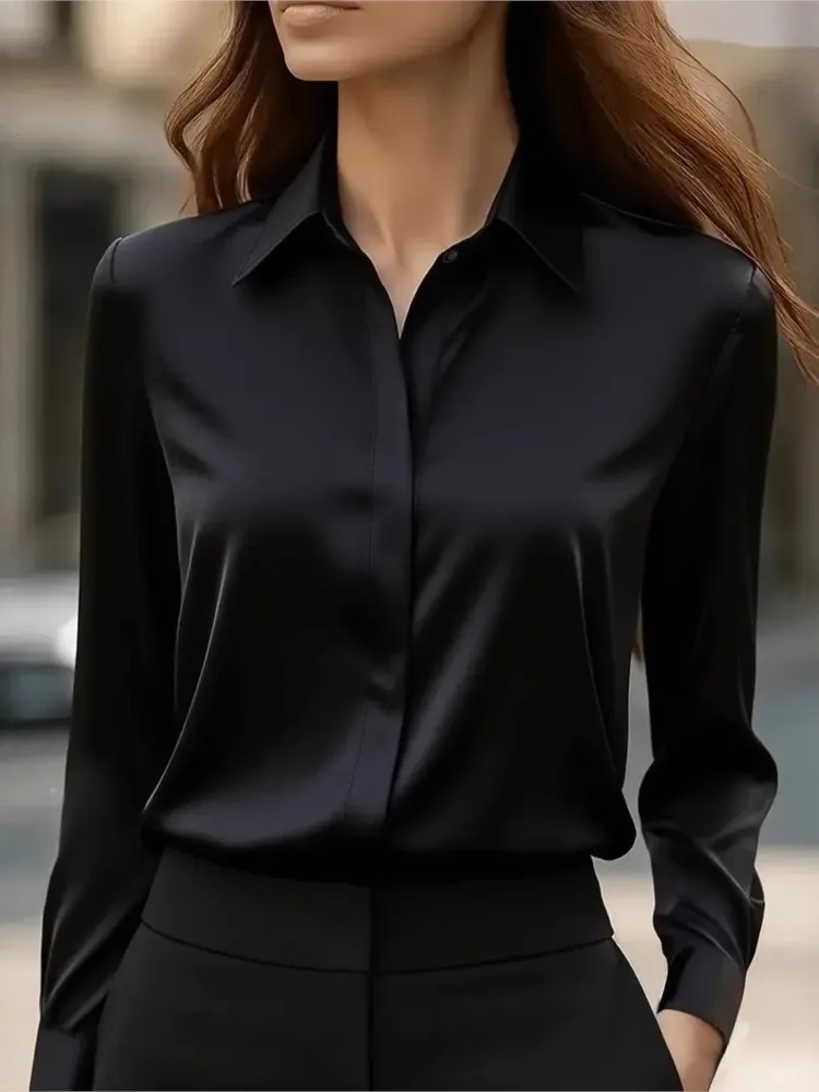 

Women's Temperament Commuting Slim Shirt Autumn Simple Solid Color Long-sleeved Versatile Shirt Lapel Satin Casual Shirt Top