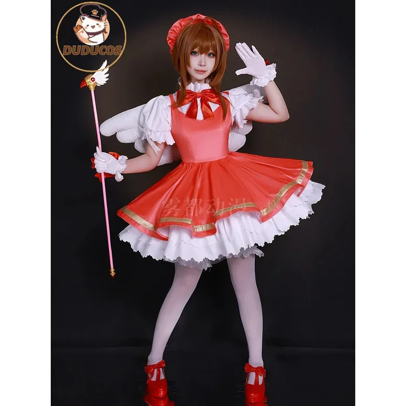 

Dudu sranime girls carcaptor Sakura princess dress cosplay costume lolita dress for kid card combat uniform apron dress with hat