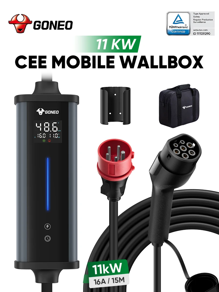 GONEO Tragbare 11kW Wallbox Typ 2 mit CEE Stecker, 16A 3 Phasige Ladestation für Elektroautos, Einstellbarer Ladestrom, FI-Schutz, IP66