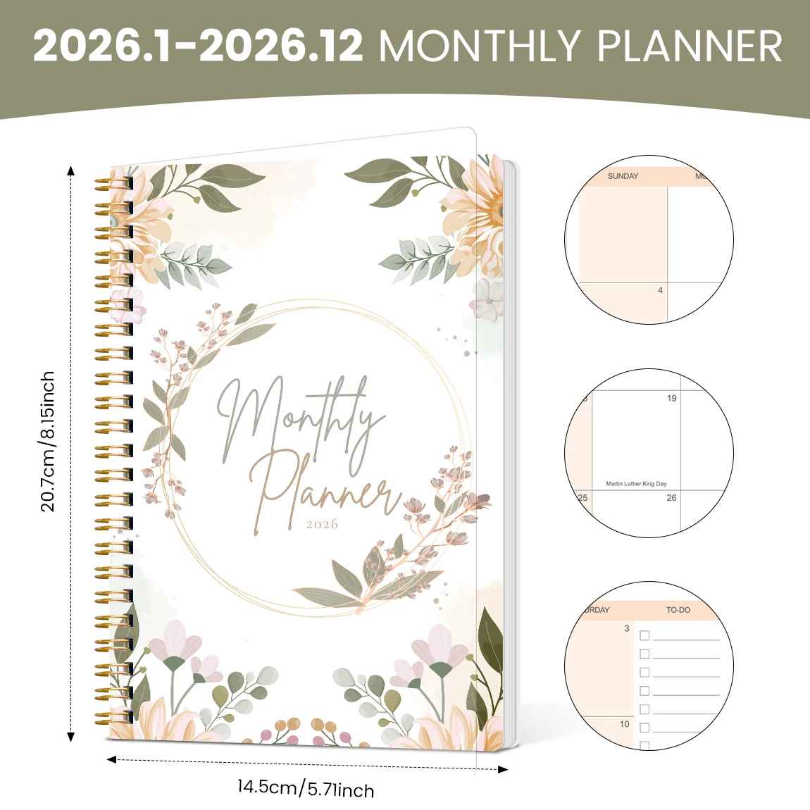 مخطط شهري مقاس A5 لعام 2026، غطاء زهري، جدول أعمال أكاديمي مع قائمة الملاحظات والقيام بالإنتاجية، مثالي لإدارة الوقت، هدية رائعة