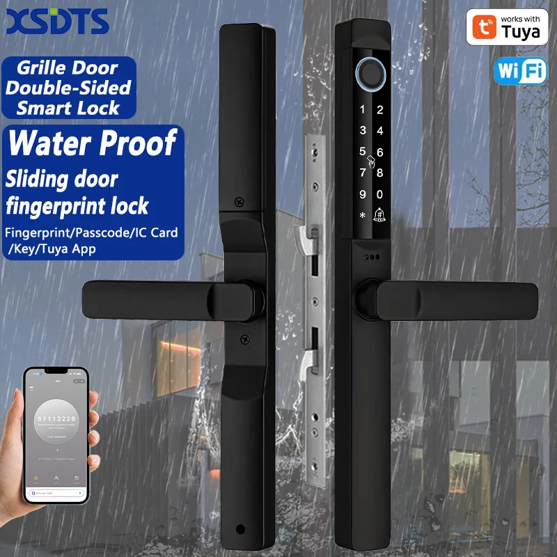 Waterproof Smart Door Lock Fingerprint Password Card Tuya App, Bridge-Cut Design For Outdoor Sliding Pull Push Grille Door