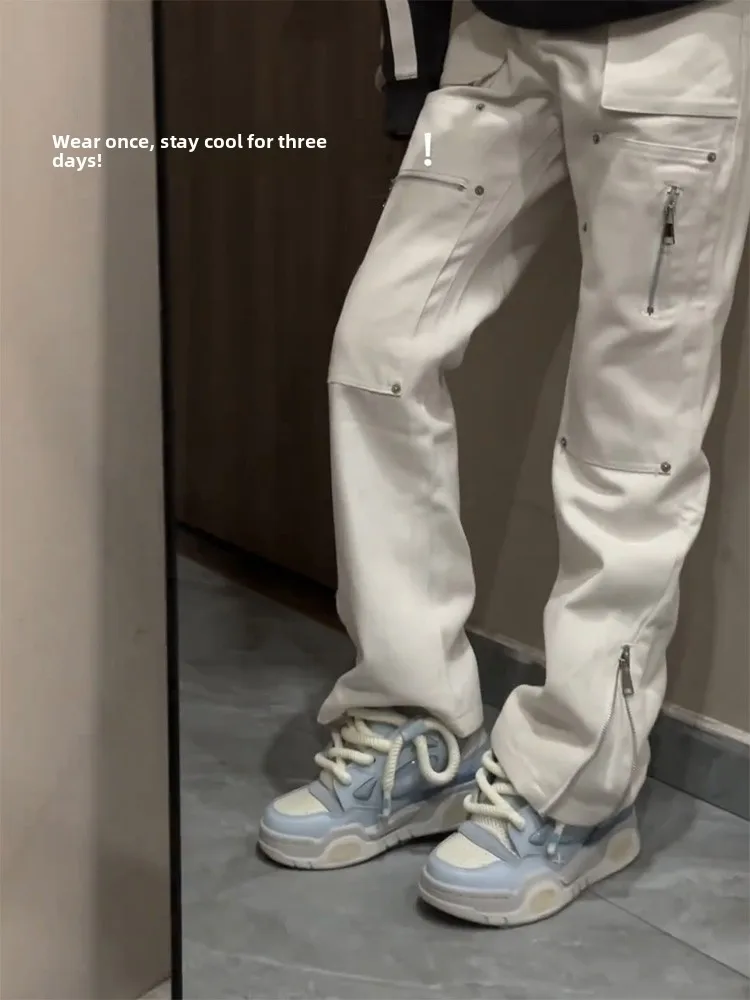 

Khaki Functional Style Men's Spring Autumn Workwear Pants Straight Leg Zipper Design Loose Fit Casual Jeans Youth Trend