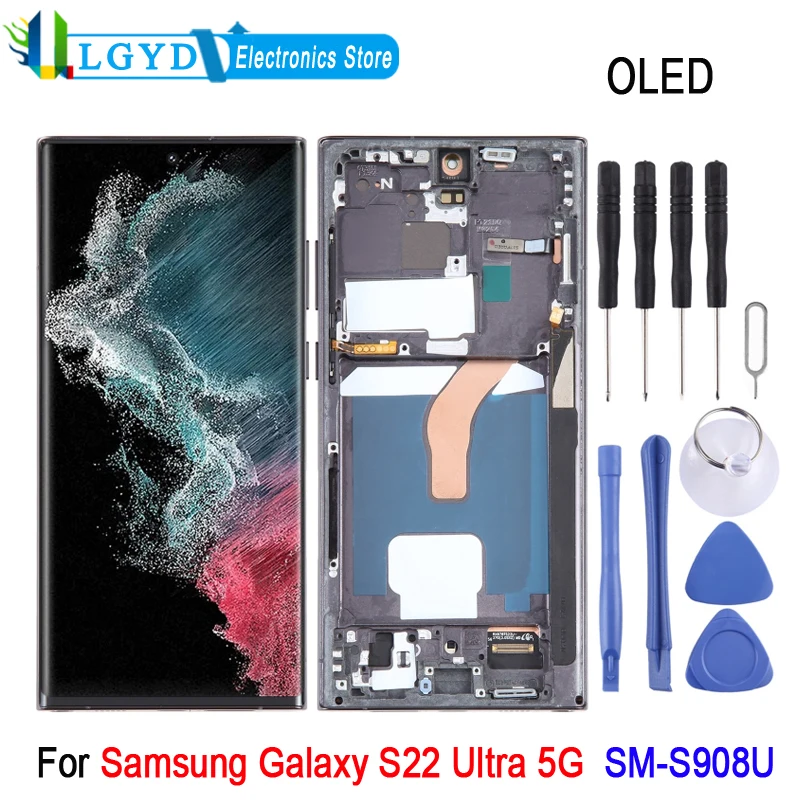 

OLED LCD Screen with Frame For Samsung Galaxy S22 Ultra 5G SM-S908U US Edition LCD Display Digitizer Full Assembly Spare Part