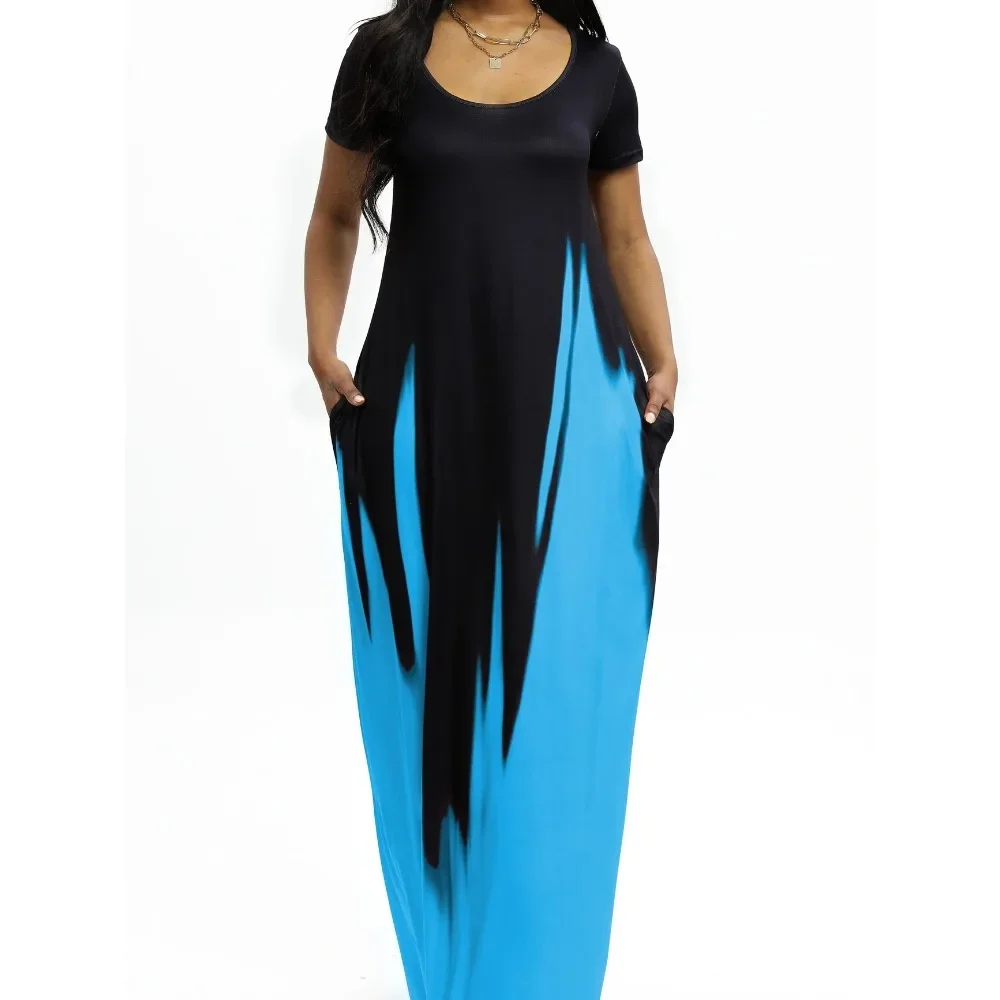 แม็กซี่เดรสแขนกุดยาวผู้หญิงขนาดบวกสีดําถึงสีม่วง Ombre พิมพ์หลวมพอดีคอกลมพร้อมกระโปรงกระเป๋า