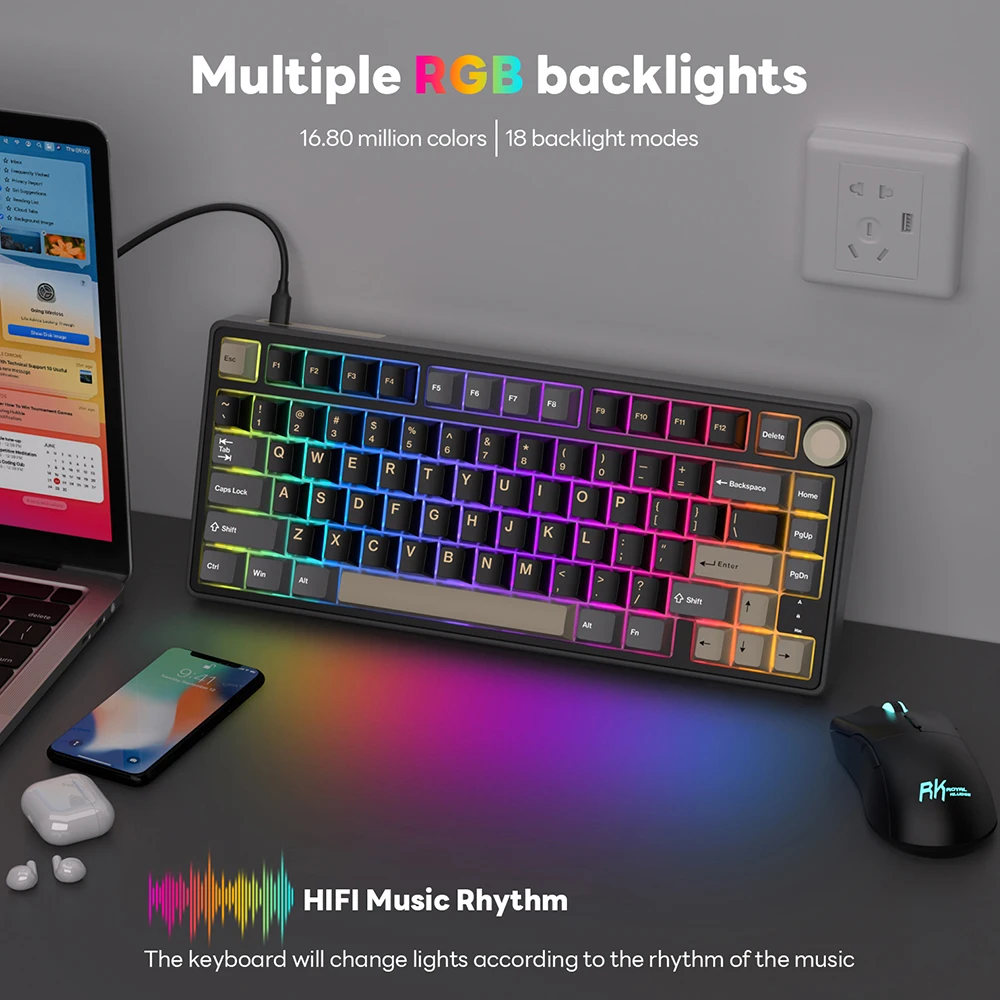 Royal Kludge RK R75 คีย์บอร์ดแบบมีสาย 80 คีย์ 80% ปะเก็น RGB Backlit Hot-swappable คีย์บอร์ด MDA PBT Keycaps