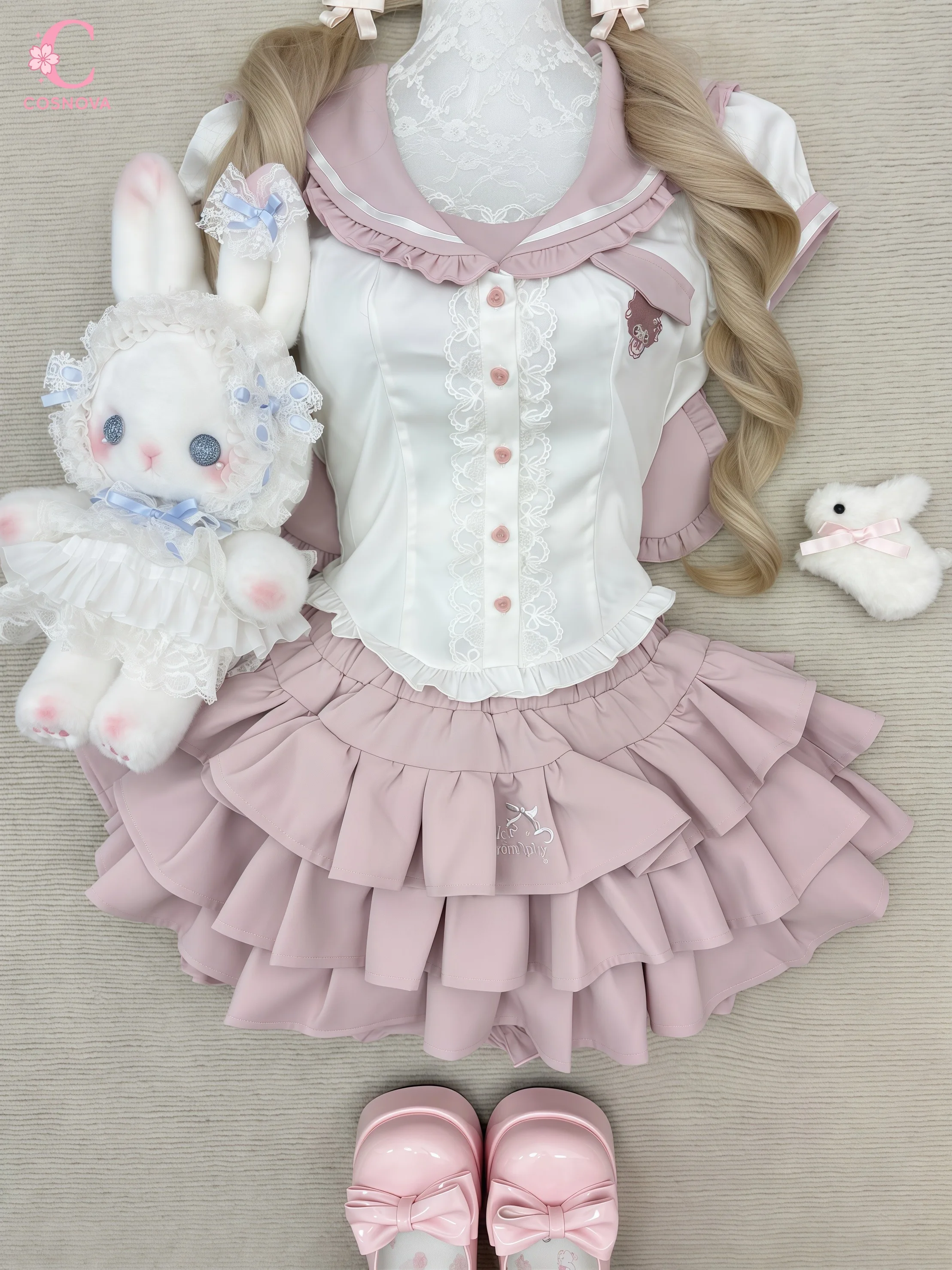 

Японский милый комплект: топ с матросским воротником и розовая многослойная мини-юбка с рюшами в стиле Лолита Харадзюку, летний шикарный наряд