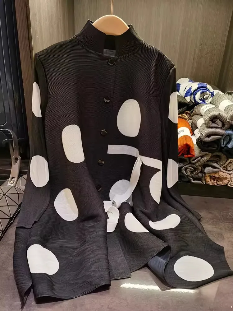 Miyake Pleated Button Jacket Dress Women Spring Summer New Loose Sexy Dot Printed Designer Causal Lace Up Women Clothing