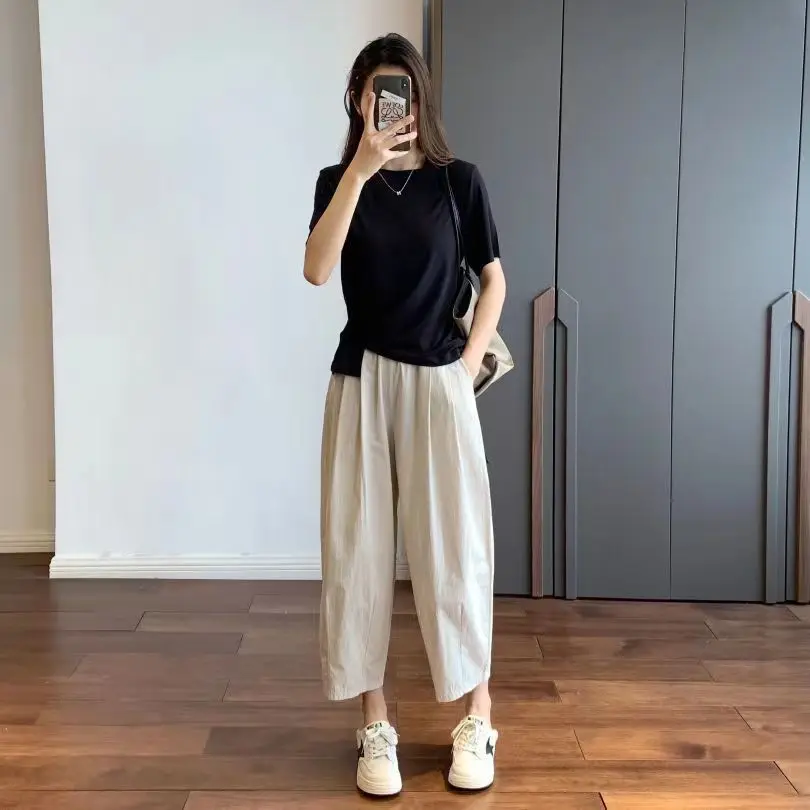 Casual Thin Wide Leg Cropped Pants for Women's Summer New Loose Slimming Meat Covering High Waist Comfort Solid Color Trousers