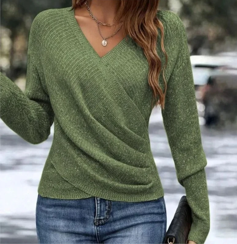 

Elegance Woman For Knitted Sweater Spring Autumn Cross-design V-neck Solid Color Slim Tops Long Sleeve Office Lady Knitting Top