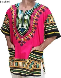 2024 Traditional Men's Summer African Culture Short Sleeve Shirt Plus Size 6XL Comfortable Casual African Dashiki Tops for Men