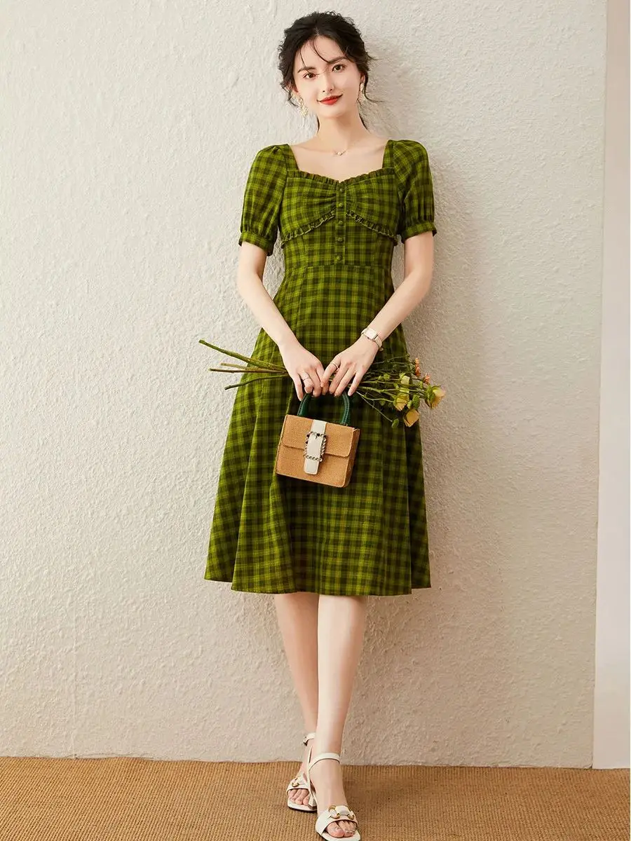 LOUIS YAO Women Dress 2024 Summer New Slim Mid-length Retro Green Plaid High Waist Square Neck Lace Bubble Sleeves Green Dress