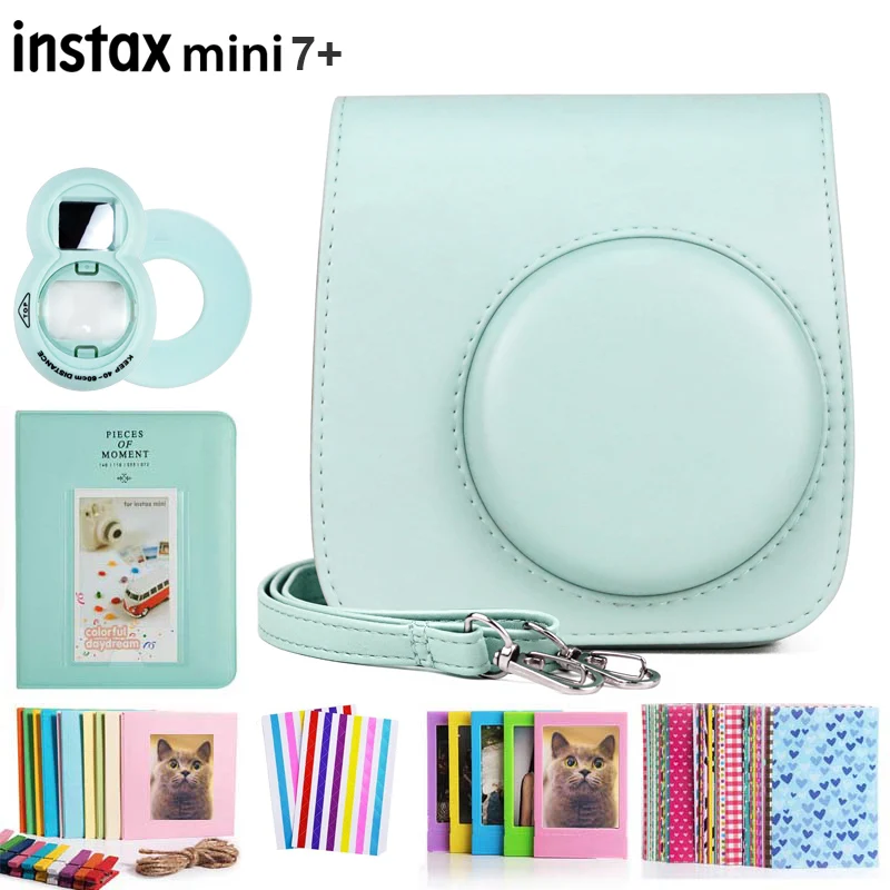 Fujifilm Instax Mini 7+ Instant Film Camera Case, PU Leather Carry Bag with Shoulder Strap,Selfie Lens,Album,Photo Frame,Sticker