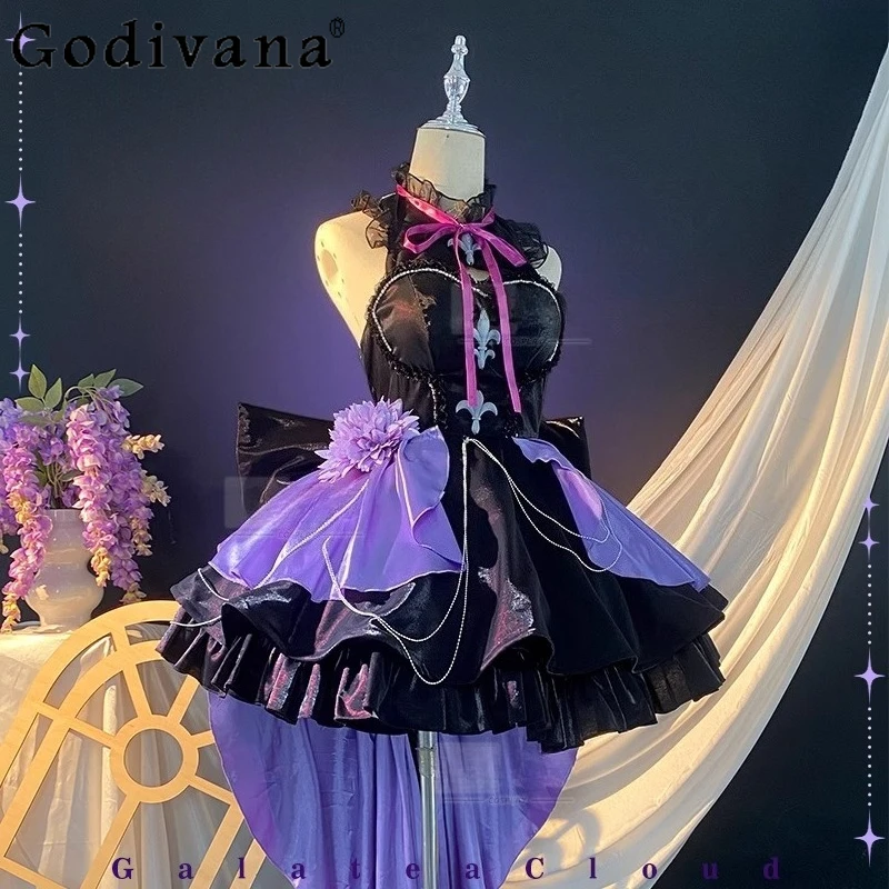 Abito Lolita viola nero a vita alta Gioco di ruolo natalizio Set di abiti da donna dolci Abito da principessa senza maniche per Ognissanti