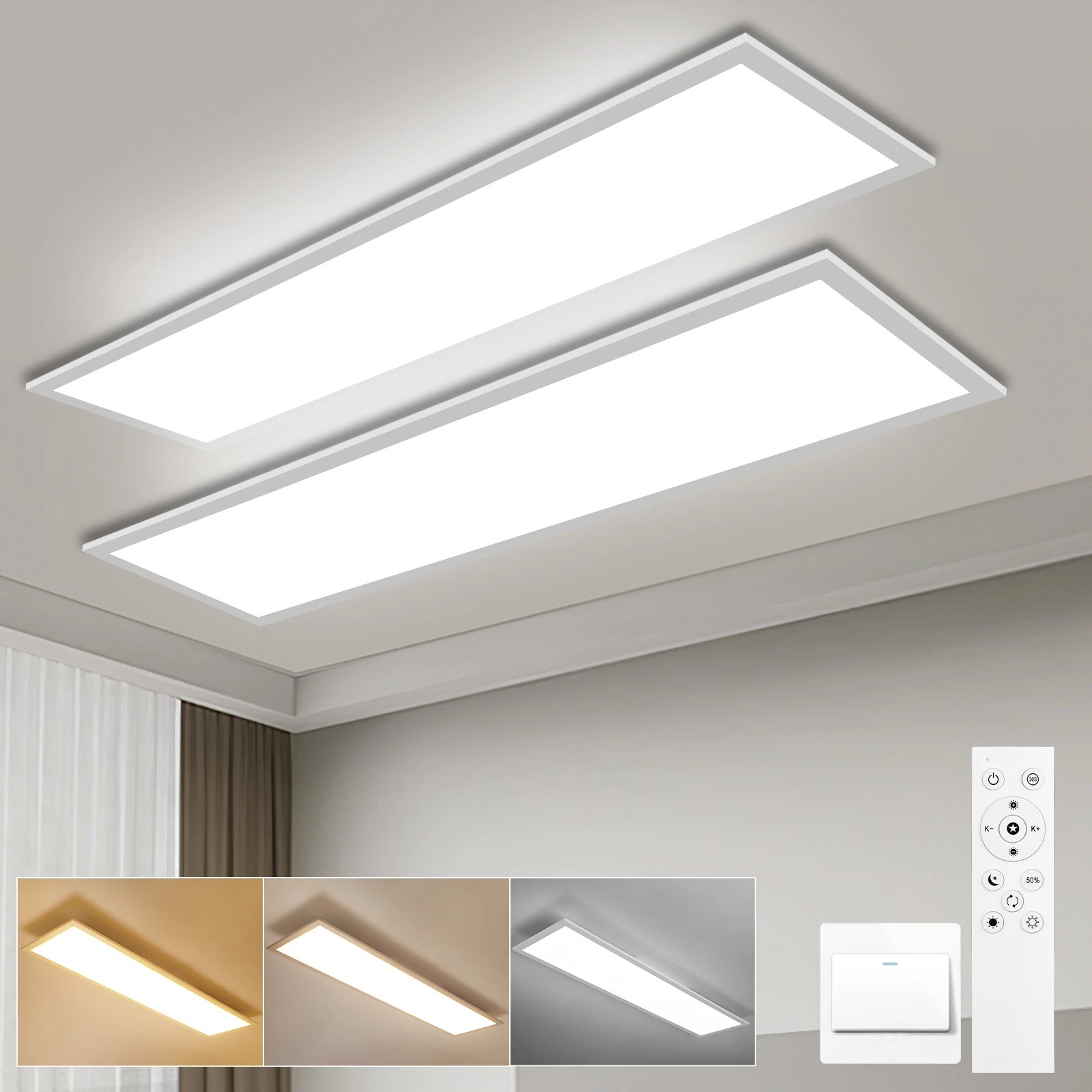 2er-Pack LED-Deckenleuchten 100x25cm, 30W 3300LM Dimmbare Deckenlampen mit Fernbedienung, Einstellbare 3000K-6500K CCT & Speicherfunktion