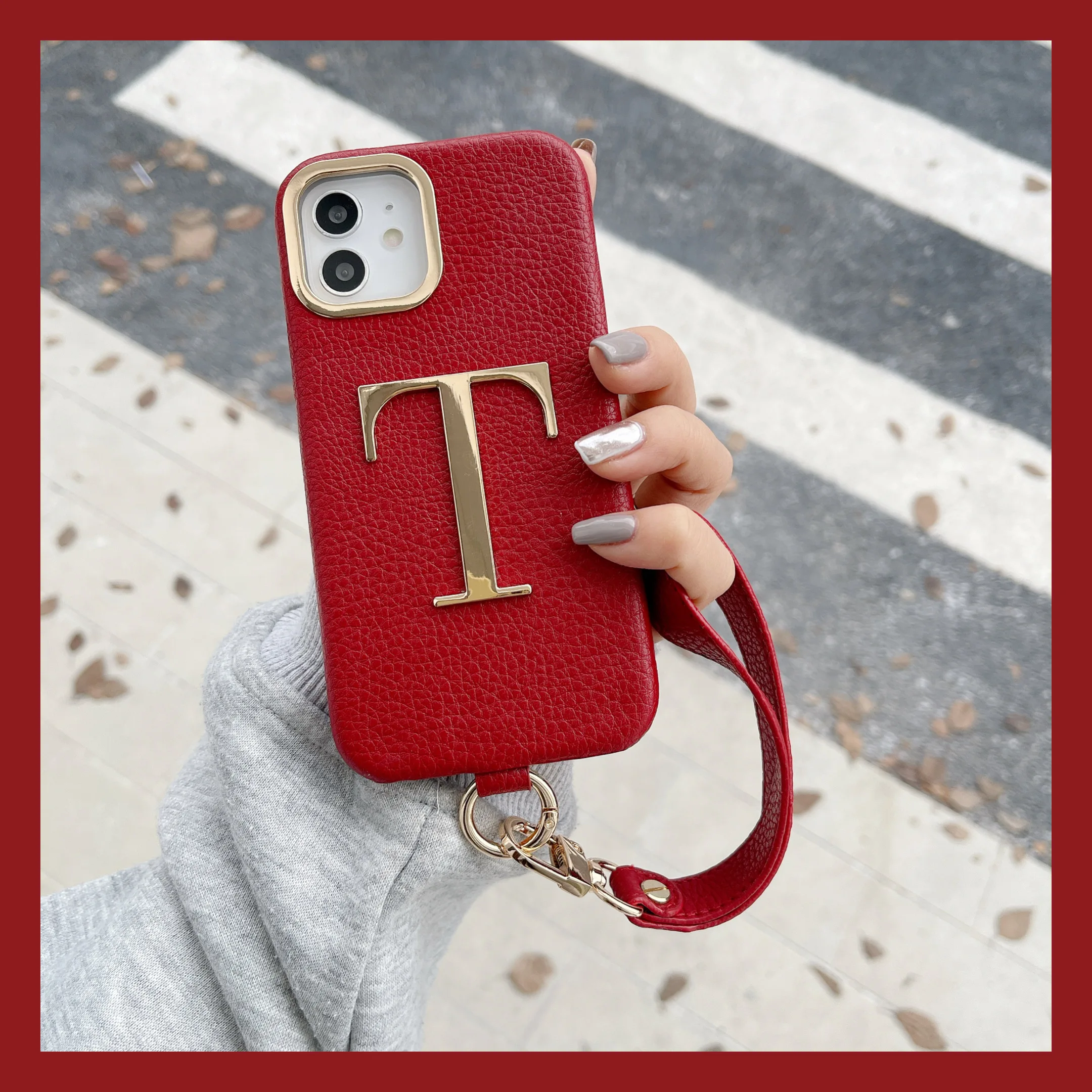 New Female Leather Custom Initial Leather Hand Rope Gold Letters Phone Case For iPhone16 15 14ProMax 14 16Plus 13Promax 13 12 11