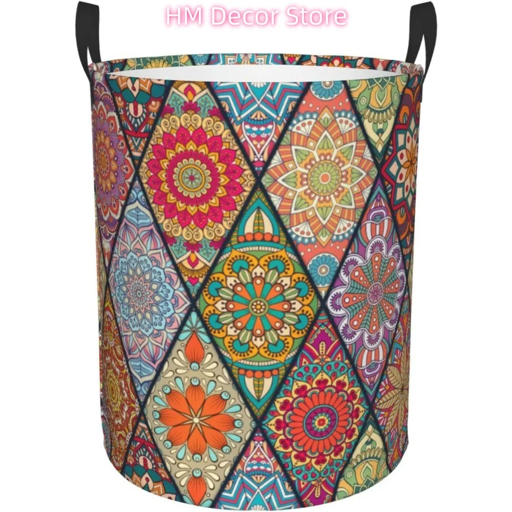 

Laundry Basket Tribal Mandala Ethnic Flower Oxford Cloth Collapsible Laundry Hamper Storage Basket with Handle for Kitchen Bedro