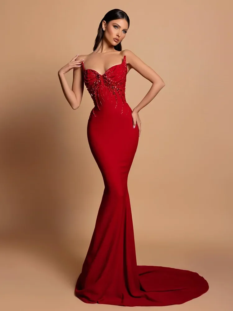 

2024 Women Celebrity Sexy Strapless Crystal Diamonds Beading Red Maxi Long Gowns Dress Elegant Evening Party Club Vestido