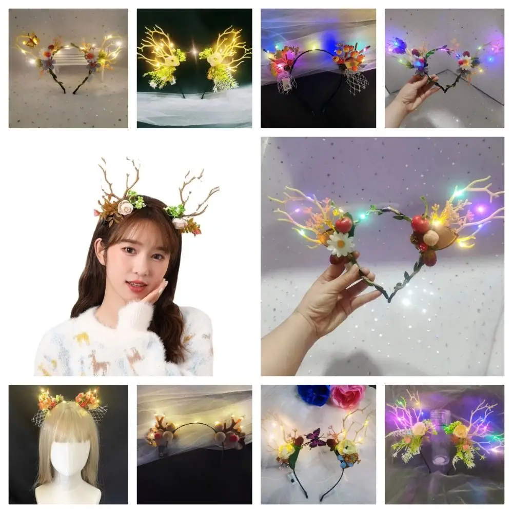 Sweet LED LED Christmas Headband Hair Hoop Flower Deer Ear Antler Headband Hair Ornament Luminous Glowing Headband Cosplay Pros