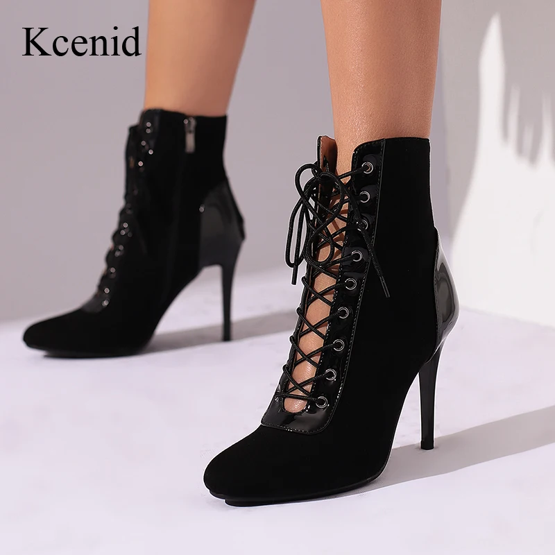 

Kcenid Hollow Designer Fashion Cross-tied Round Toe Women Ankle Boots Sexy Thin Heels Lace-up Party Autumn Winter Female Shoes