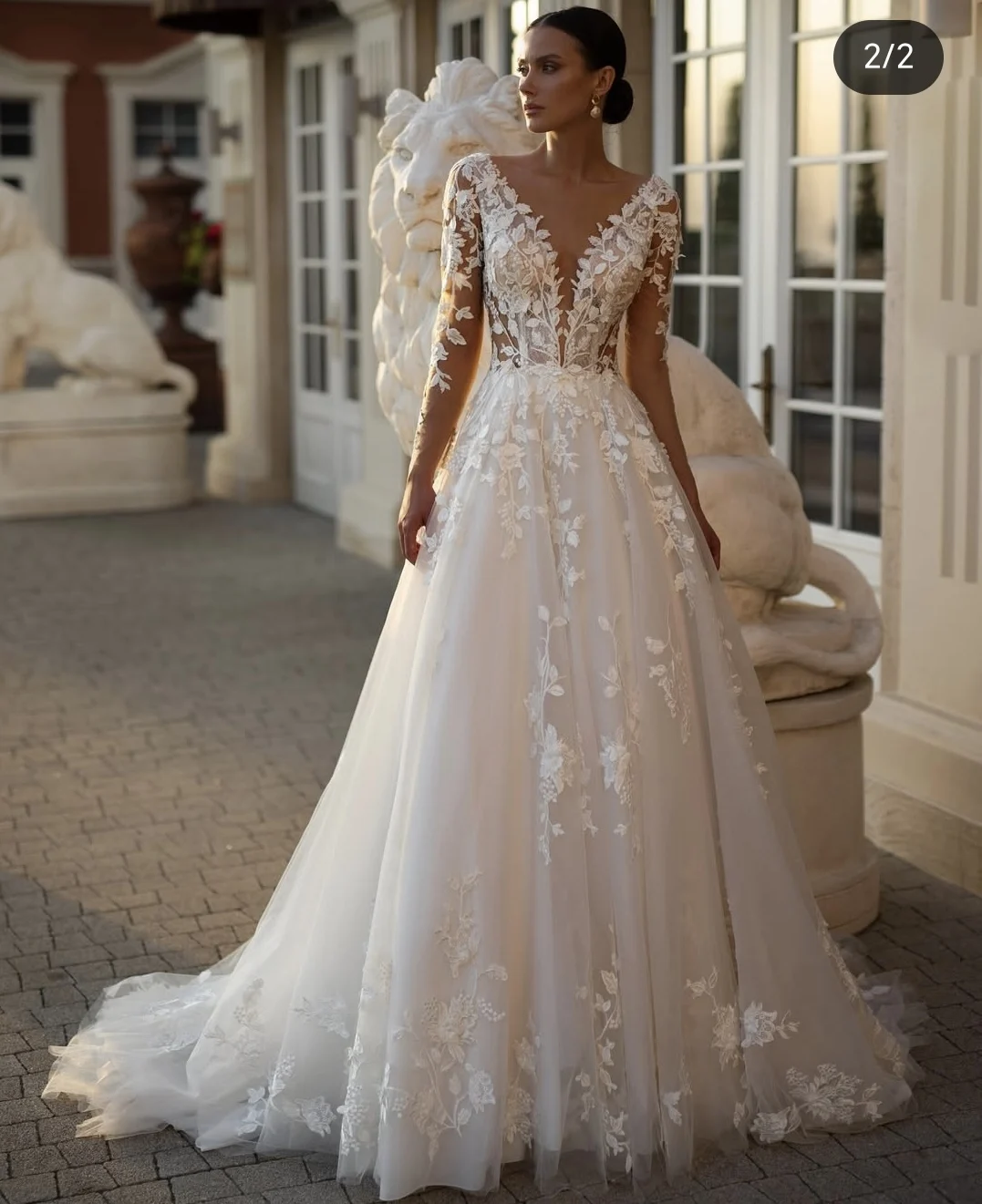 فستان زفاف مخصص لقياس كم طويل دانتيل زينة فستان زفاف مذهل رائع تول طول الأرض رداء على شكل حرف V