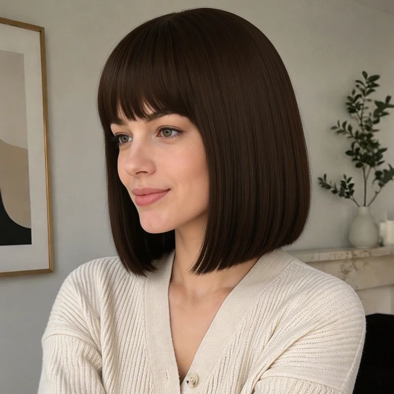 Dark brown 12-inch synthetic wig for women. Volumizing, versatile, and resistant to deformation. Suitable for all women.