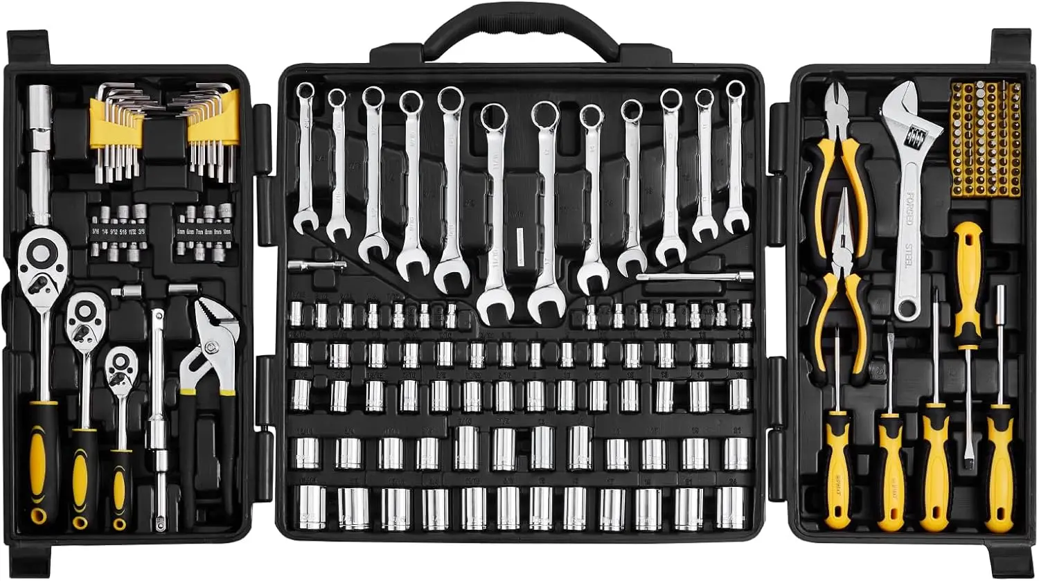 

Mechanics Tool Set 207 Pieces 1/4" 3/8" 1/2" Drive Sockets -SAE and Metric Mechanic Tool Kit with Bits - Wrenches, Ratchet Handl
