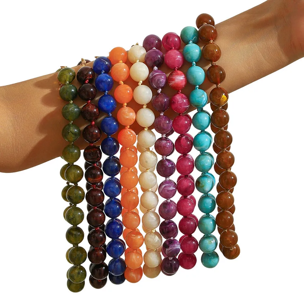 Boho Marbling Colorful Acrylic Round Beads Choker New Trendy Handmade Knot Rope Necklaces for Women Man Statement Jewelry Gift