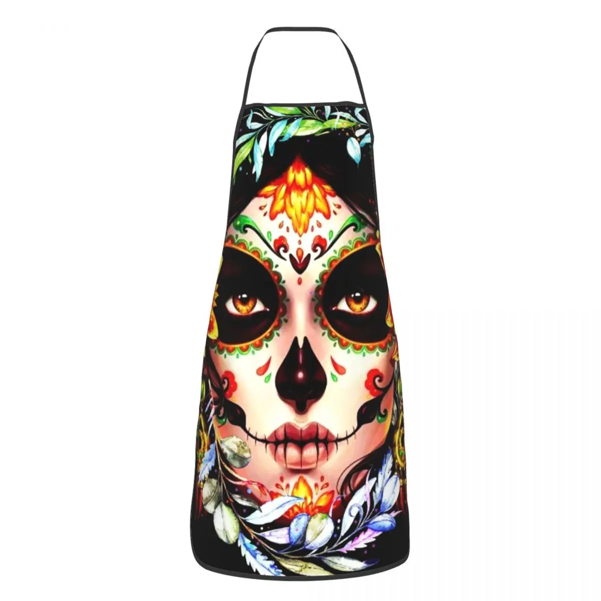 Custom Unisex Halloween Catrina Sugar Skull Bib Apron Chef Tablier Cuisine for Cooking Day Of The Dead Mexican Lady Baking