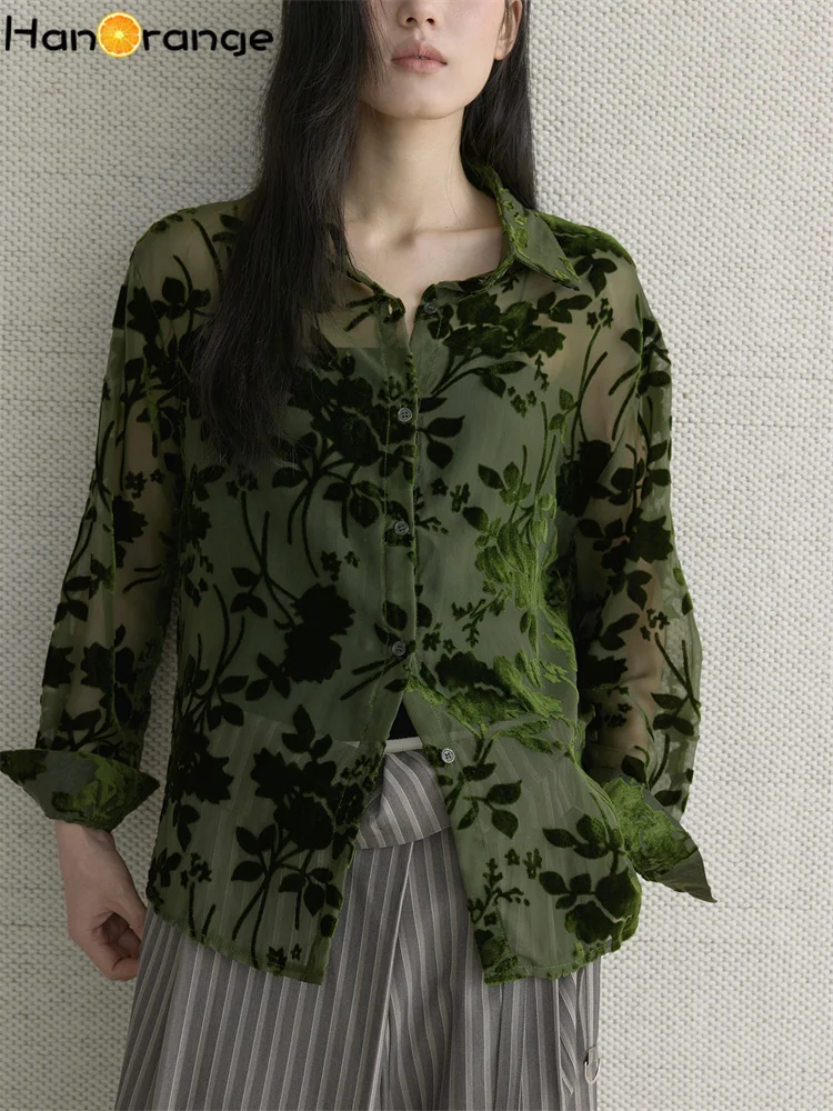 

HanOrange 2026, ранняя весна, прозрачная бархатная рубашка с принтом лесных растений, женская мягкая удобная зеленая рубашка